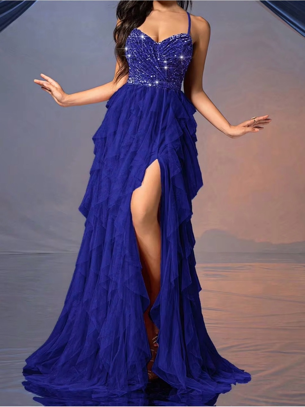 Royal Blue Sequin Bodice Prom or Homecoming Dress with Layered Tulle Skirt